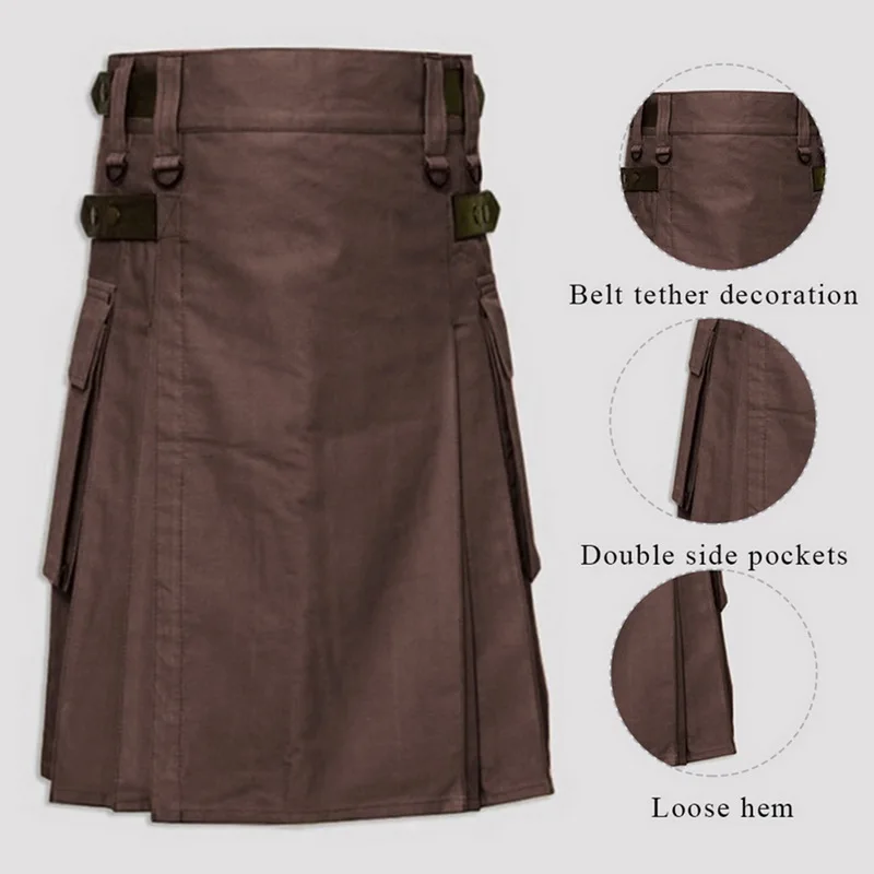 Puimentiua Scottish Mens Solid Classic Retro Traditional Plaid Medieval Cargo Personality Scottish Kilts Check Pattern Skirts