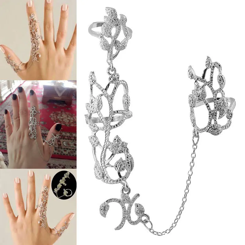 

Trendy Fashion Chain Link Ring Full Rhinestone Vintage Flower Double Finger Rings For Women Girl Party Jewelry Gift Accessories