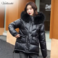 vielleicht women winter hooded thick short jacket solid casual glossy warm cotton padded parkas fur collar winter coat women