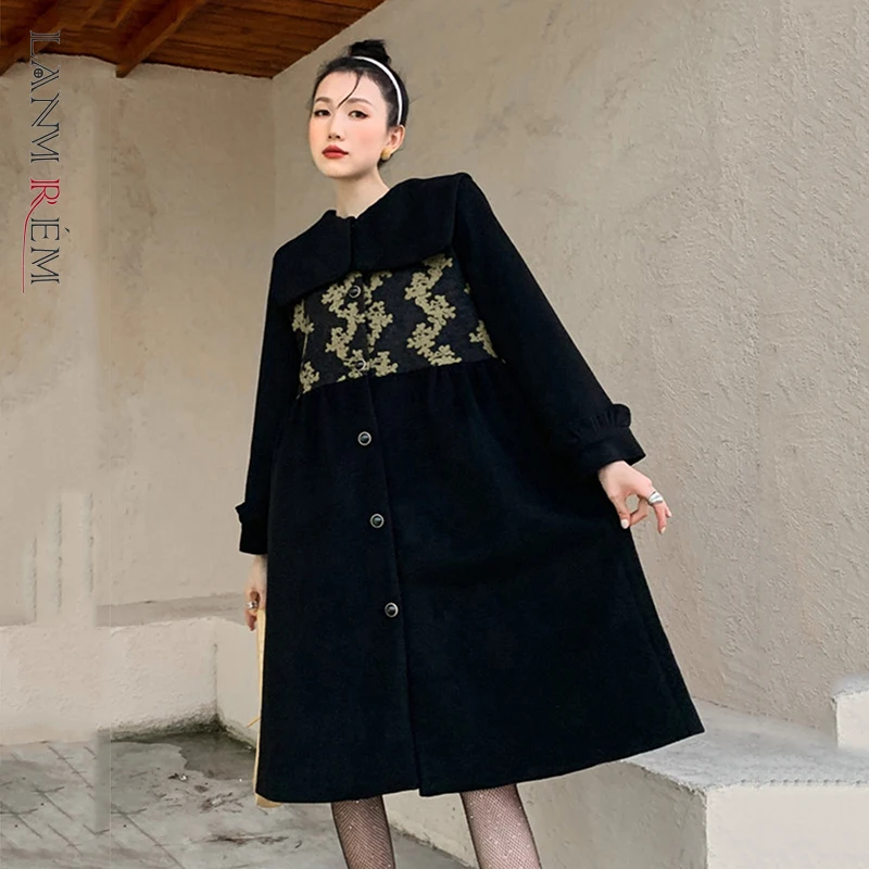 

LANMREM 2022 зимнее Новое Женское однобортное пальто с круглым вырезом, модное свободное шерстяное пальто с длинным рукавом в стиле пэчворк 2J227