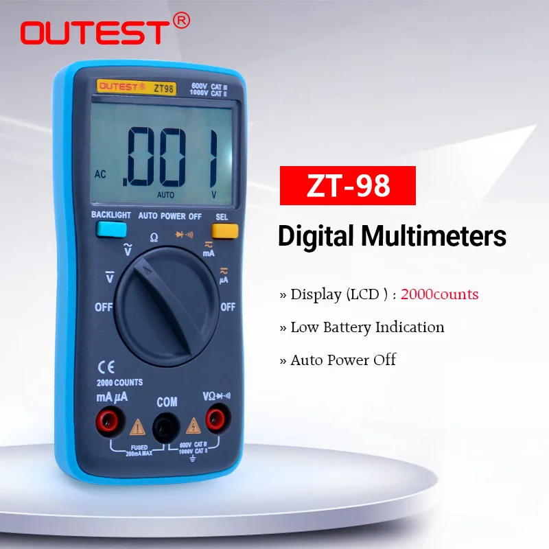

Цифровой мультиметр OUTEST ZT98, 2000 отсчетов, подсветка, ЖК-дисплей, портативный вольтметр, амперметр, автоматический измеритель