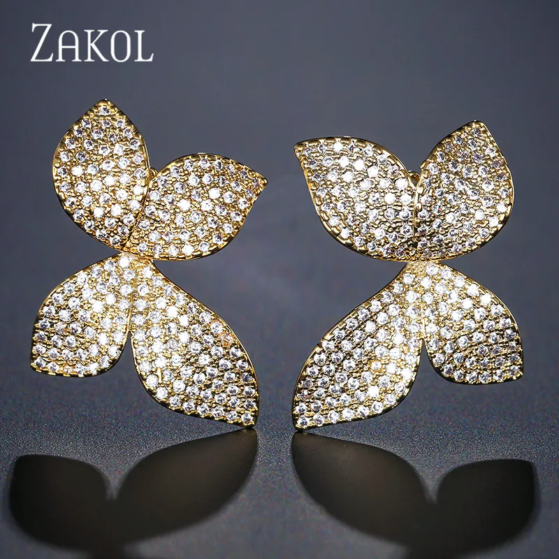 Rose Gold Color ZAKOL новые модные роскошные серьги-гвоздики с бабочкой AAA кубическим цирконием, с большим цветком, для женщин, вечерние, подарки FSEP2078 - Окраска металла: Rose Gold Color