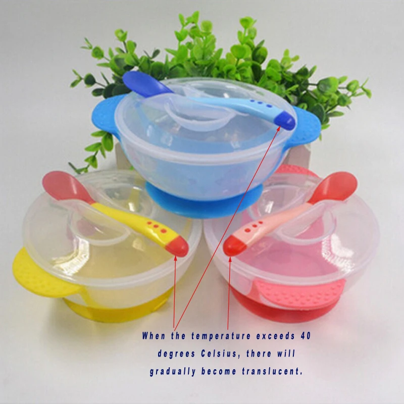 

1Set Baby Learning Dishes With Suction Cup Assist Food Bowl Infant Temperature Sensing Feeding Spoon Baby Tableware