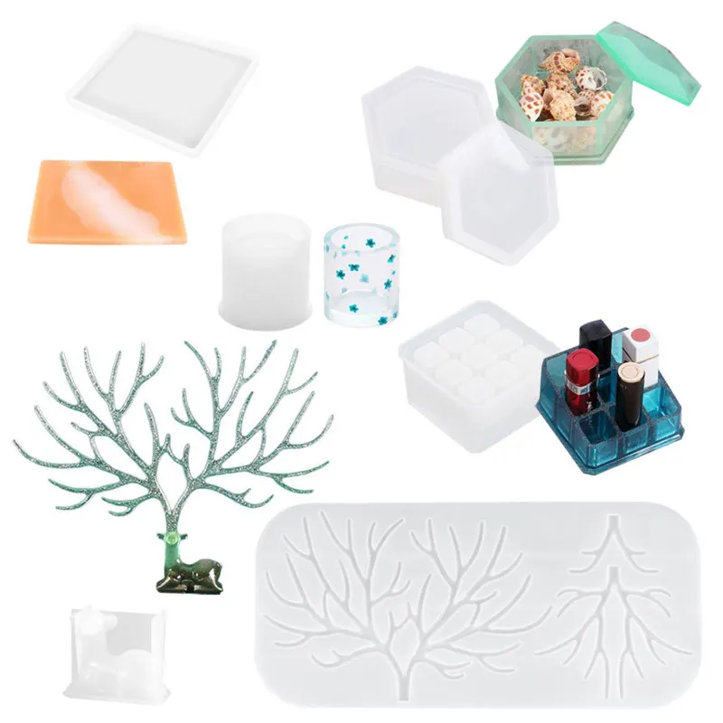 

6pcs Epoxy Silicone Resin Molds Set Deer Makeup Jewelry Display Tray 9-Slot Lipstick Organizer Pen Holder Storage Box DIY Home