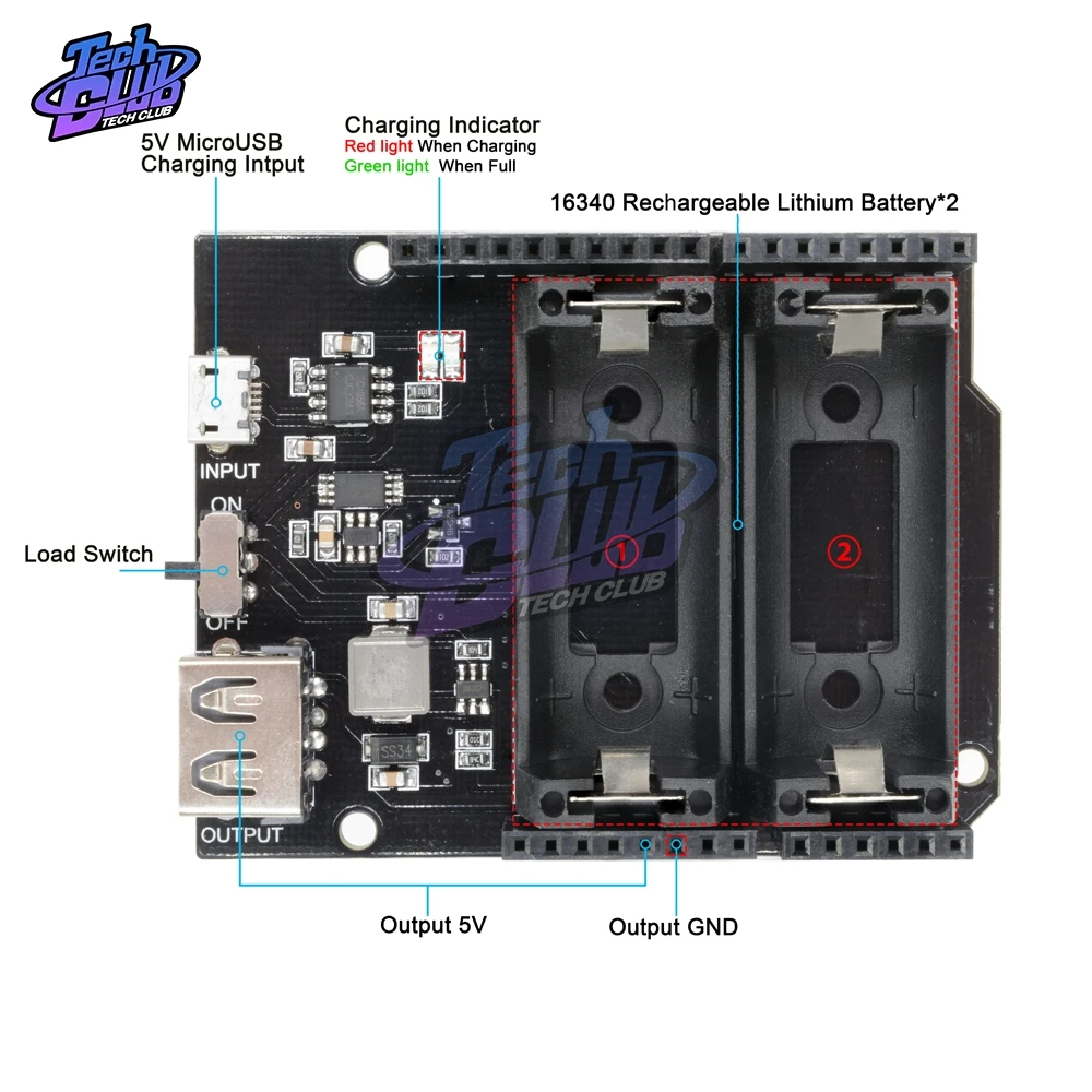 ESP8266 ESP32 блок питания перезаряжаемый Двойной 16340 литиевый аккумулятор зарядное