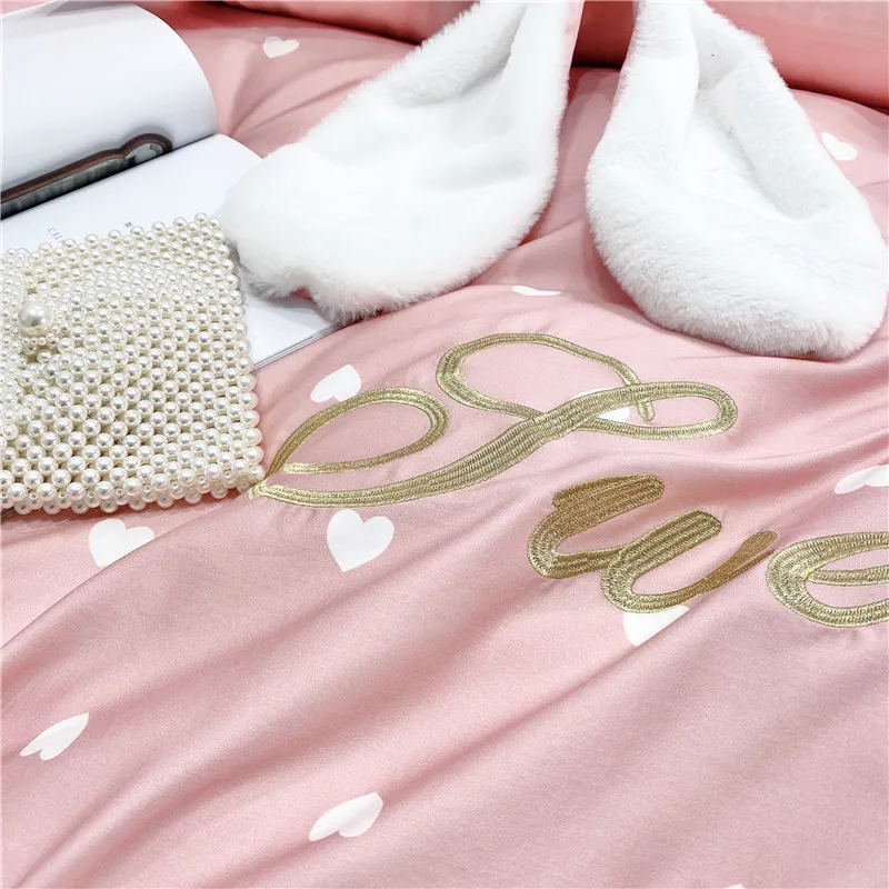 

Pink Blue Red 60S Egyptian Cotton Girl Bedding Set Love Wave Point Cute Rabbit Ear Duvet Cover Bed Linen Fitted Sheet Pillowcase