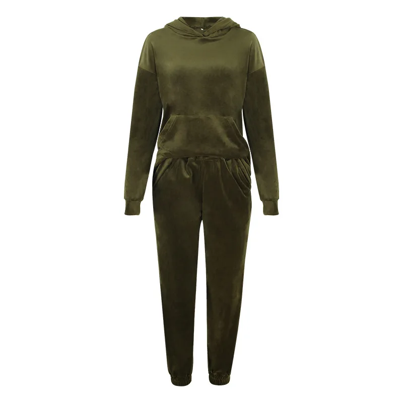 

Fashion Women's Suit New Hot Sale Hooded Collar Pullover Solid Color Pocket Silver Fox Velvet Regular Trousers Suit Donsignet