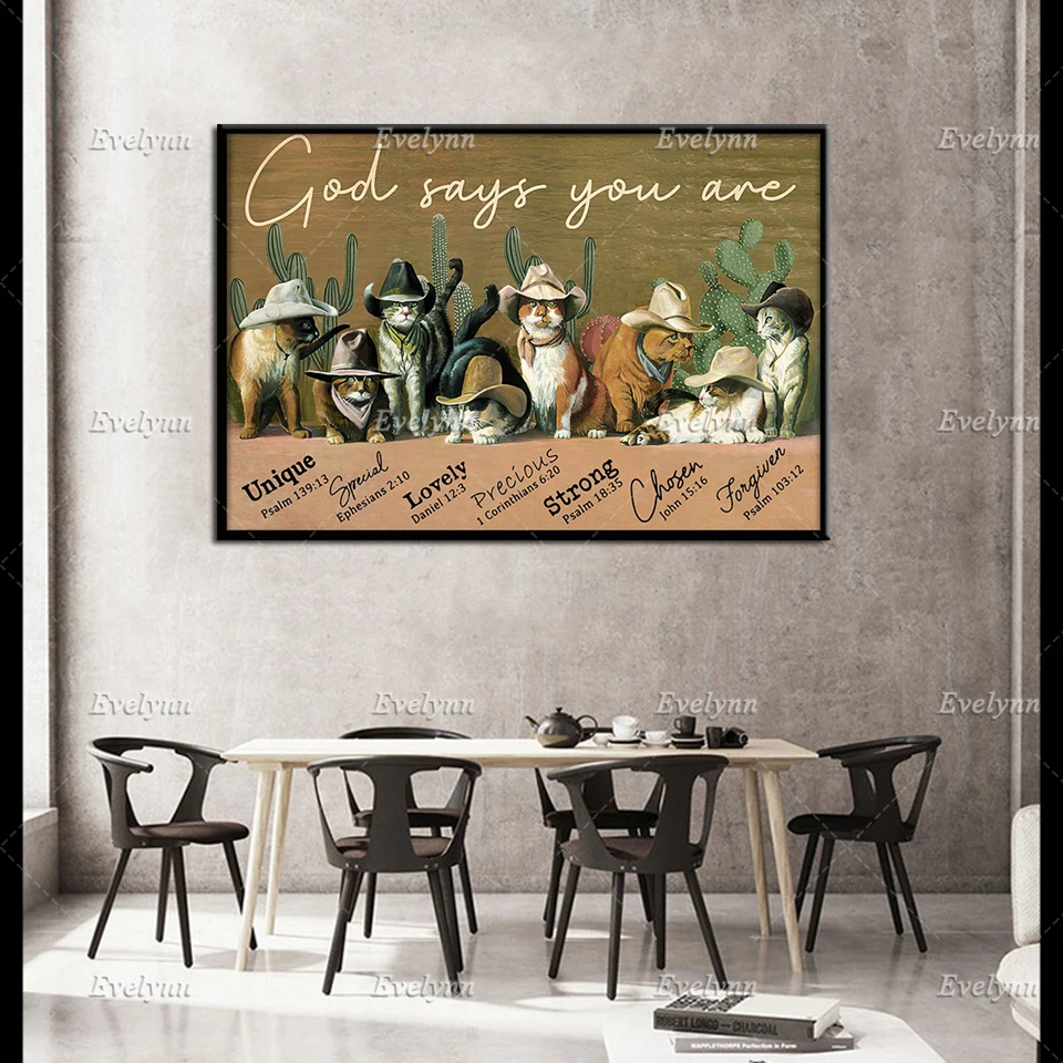 

Cowboy Retro Poster Cats Lovers Gifts God Says You Are Unique Wall Art Prints Home Decor Canvas Unique Gift