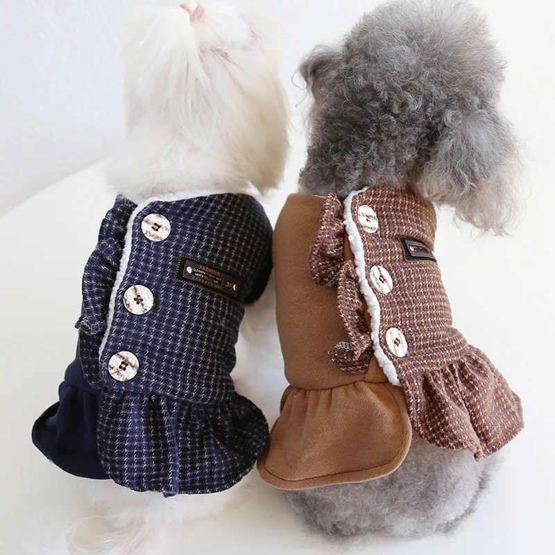 

Plaid Pet Dog Clothing Cartoon Stitching Dress for Dogs Soft Cute Thicken Padded Dresses Atutmn Winter Warm Navy Girl Ropa Para