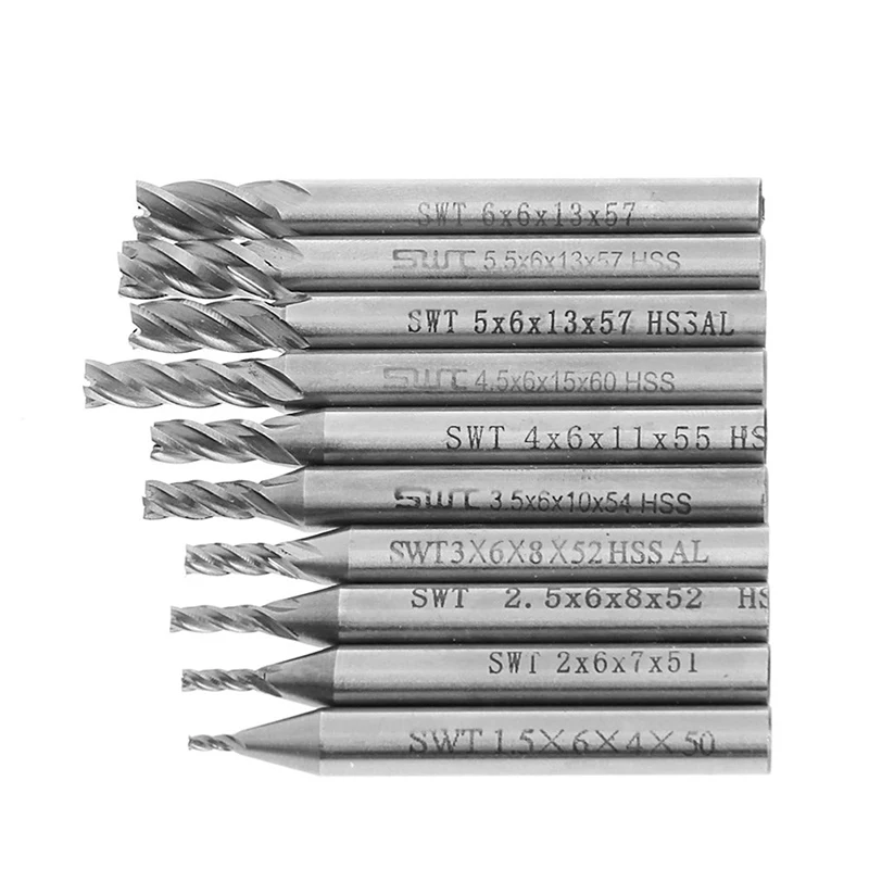 

2021 New 10pcs/set 1.5-6mm HSS Straight Shank 4 Flute End Mill Cutter Drill Bit Tool