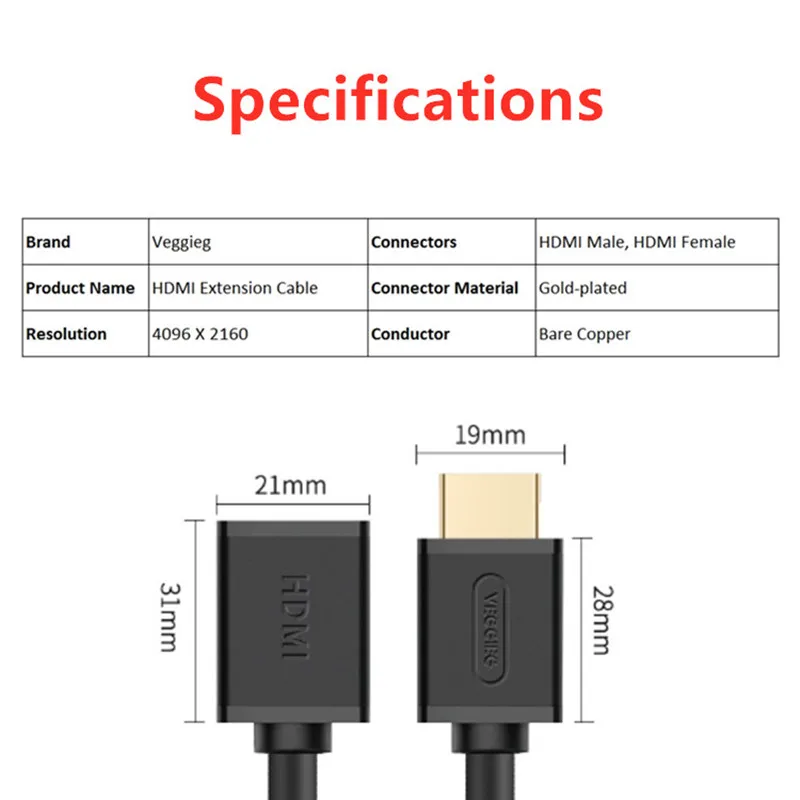 Veggieg HDMI Extension Cable HDMI2.0 Male to Female Gender Changer | Электроника