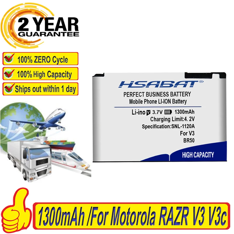 HSABAT Топ бренд 100% новый 1300mAh BR50 Аккумулятор для Motorola RAZR V3 V3c V3E V3m V3T V3Z V3i V3IM PEBL U6 Prolife 300