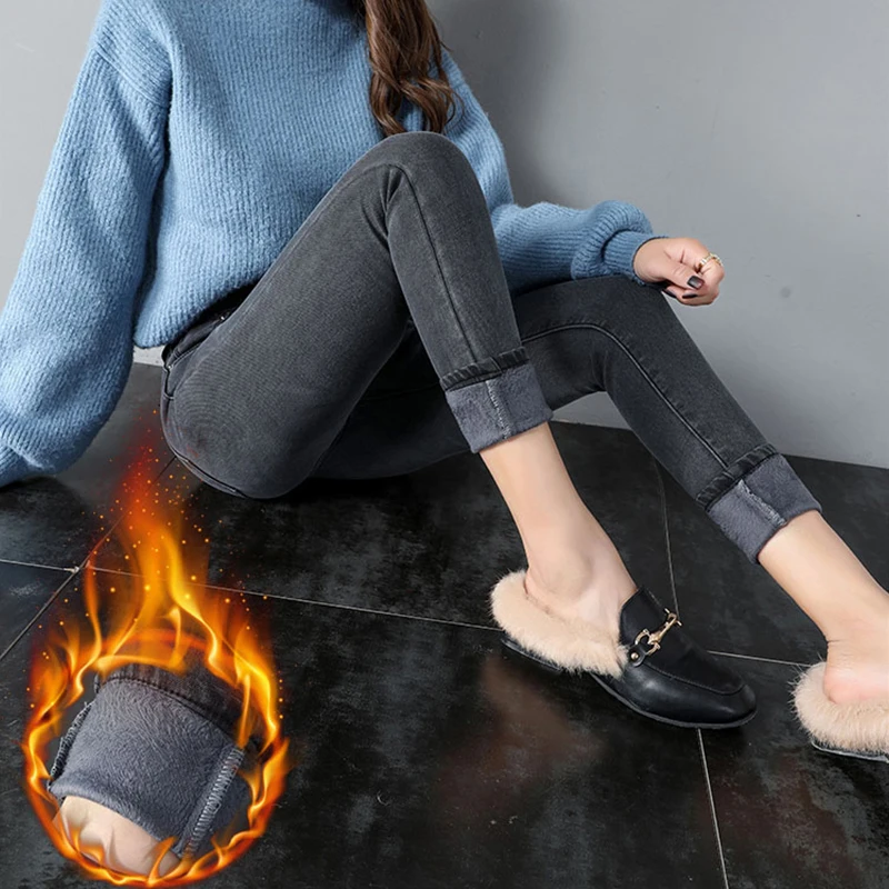 2021 New Winter Jeans Ladies Korea High Waist Plus Velvet Skinny Cowgirl Street Clothing Thick Warm Feet Pants | Женская одежда