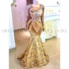 Золотистые кружевные вечерние платья Aso Ebi с длинным рукавом, прозрачные женские платья-русалки, индивидуальное изготовление, платье из органзы с оборками, 2021