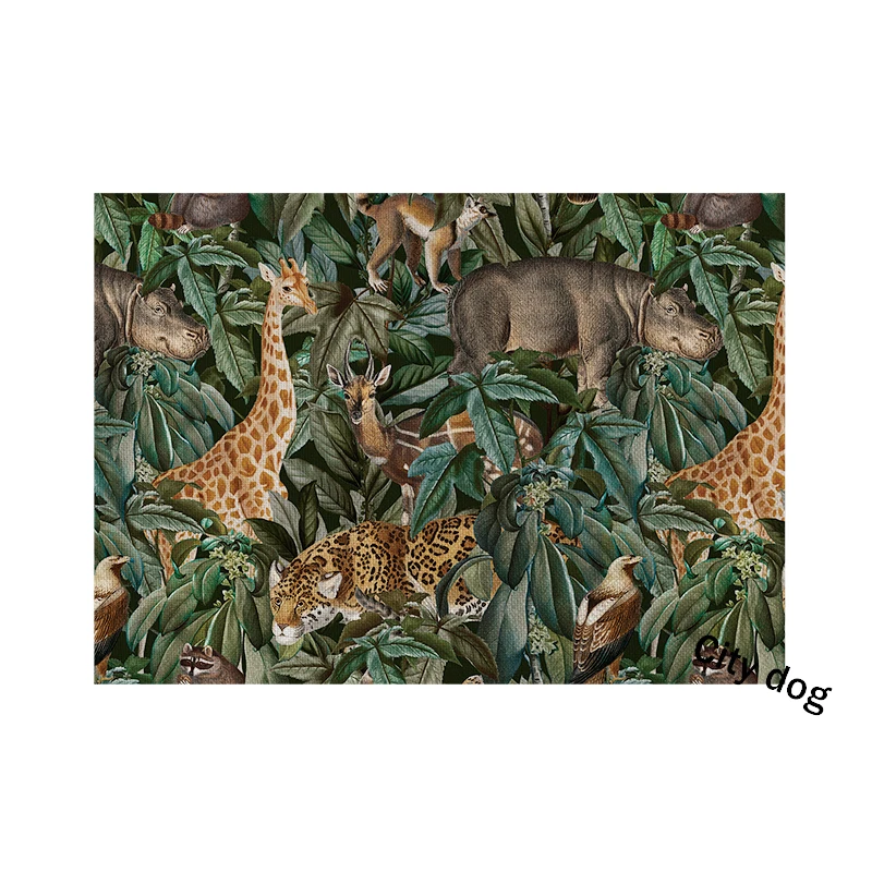 Southeast Asian style Placemat Green tropical plant leaves animal flamingo kangaroo giraffe hippo leopard Art Dining Table Mat |