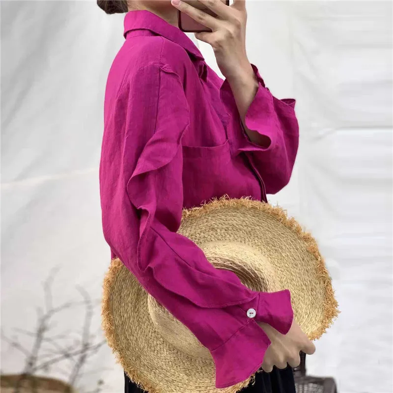 

Johnature 2021 New Vintage Women Clothes Shirts Spring Autumn Linen Ruffles Turn-down Colalr Loose 5 Colors Female Blouses