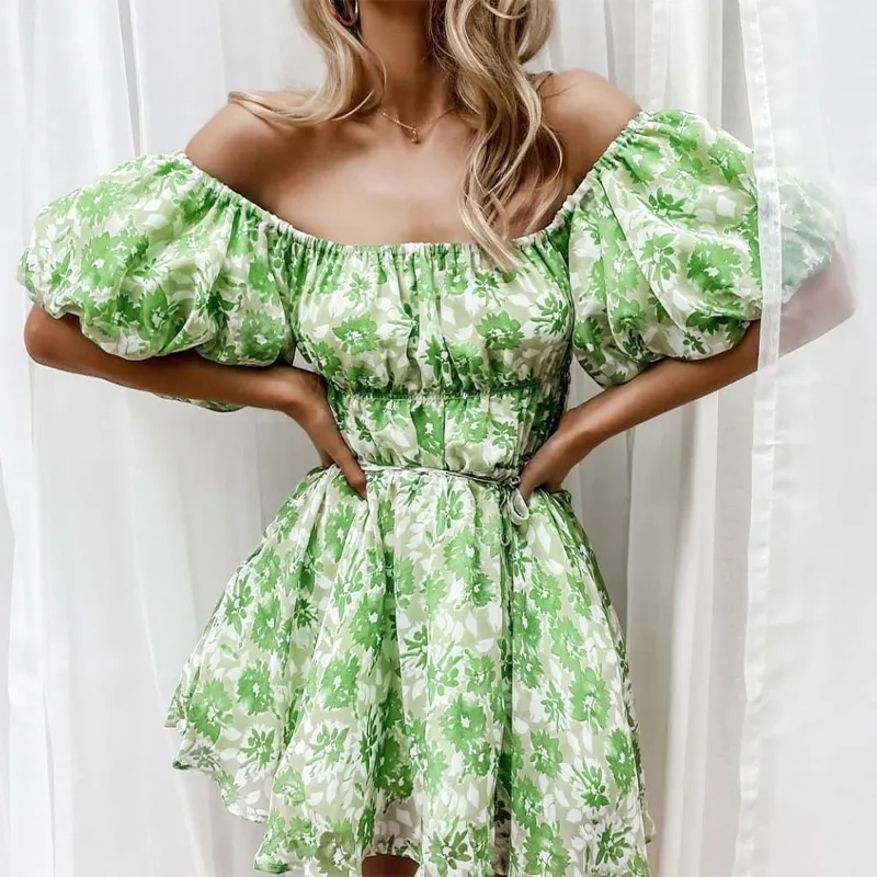 

2021 summer new sexy one-neck waist chiffon short dress with lining