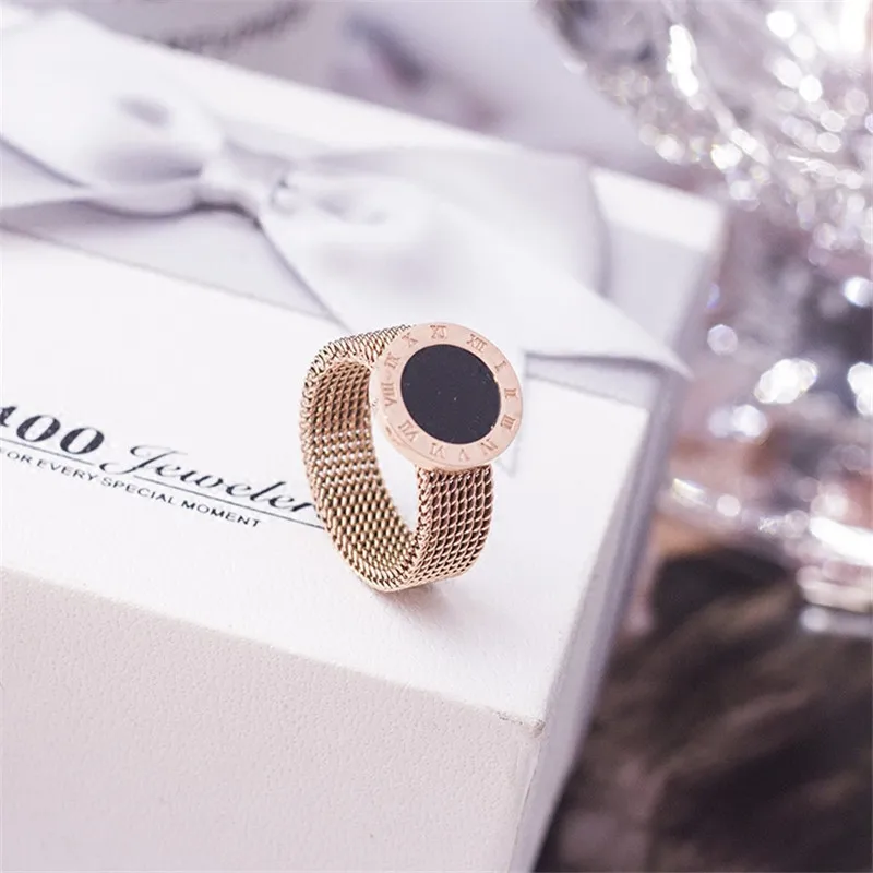 

YUN RUO Rose Gold color 316L Titanium Steel Roman Numerals Woven Mesh Cheap Ring Fashion Woman Jewelry Drop shipping Never Fade