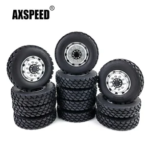 AXSPEED 8Pcs Front & Rear Metal Alloy Wheel Rims Hubs  + 22/25mm Rubber Tires for 1/14 Tamiya RC Trailer Tractor 8x8 Truck Parts
