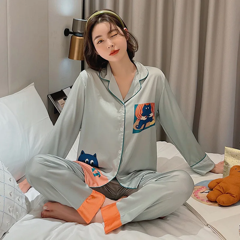 

Newest Style Pants Pajamas Ladies Spring and Autumn Satin Long-sleeved Cartoon Printed Home Suit Pajama Pants Women Sets