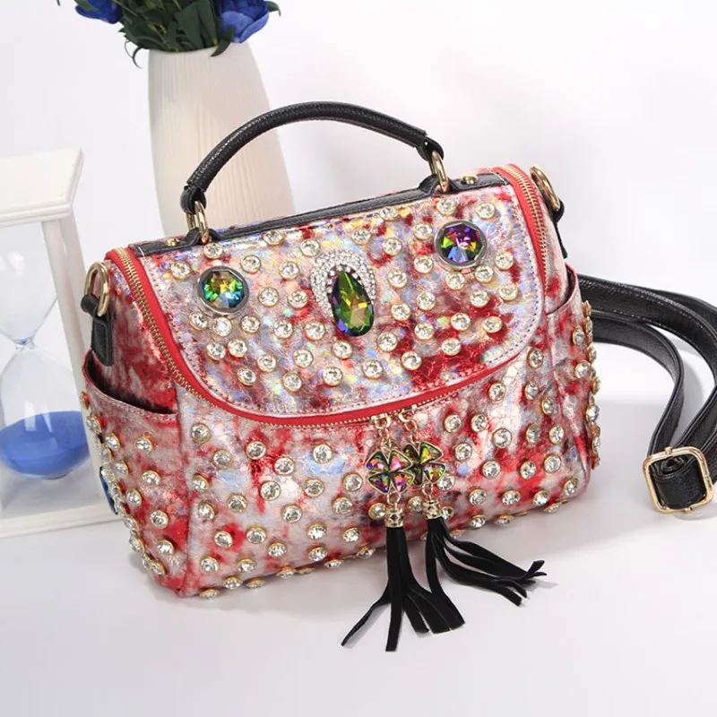 Сумка-тоут женская из экокожи модный саквояж кросс-боди с кисточками и стразы