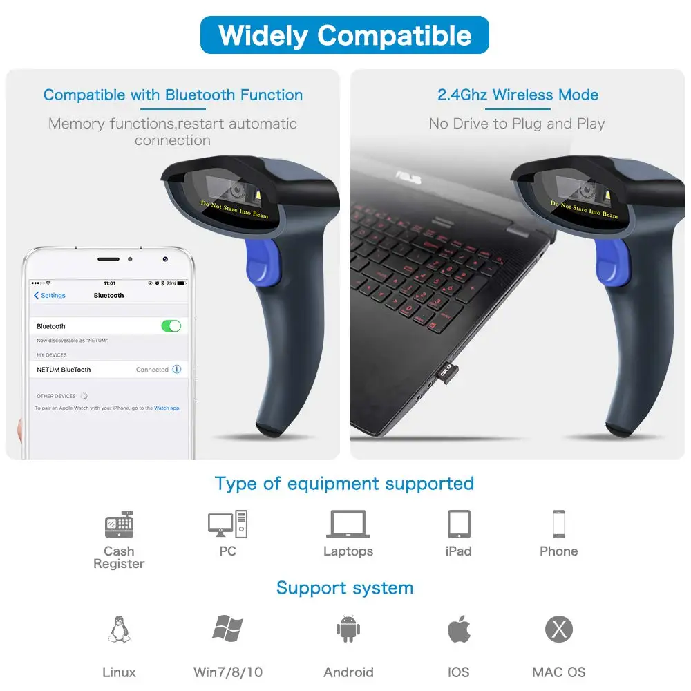

NETUM W8-X Bluetooth Wireless 2D QR Barcode Scanner & W6 2.4G Wireless CCD Bar code Reader for Mobile Payment Computer Screen
