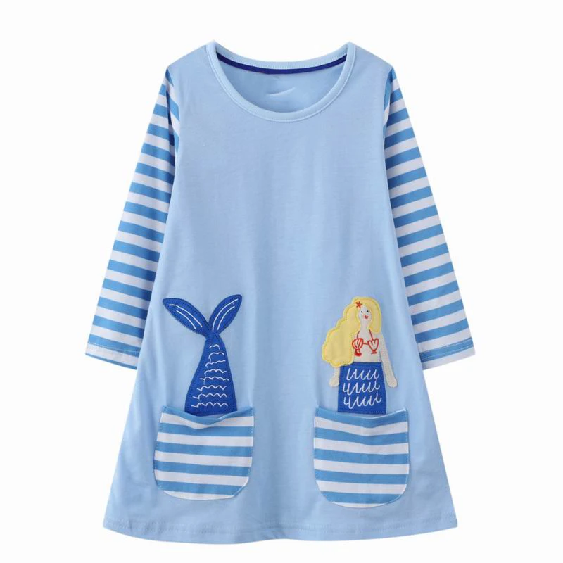 

SAILEROAD 2-7 Years Baby Girls Blue Mermaid Dress Princess Long Sleeve Dresses Children Spring Autumn Clothing for Kids