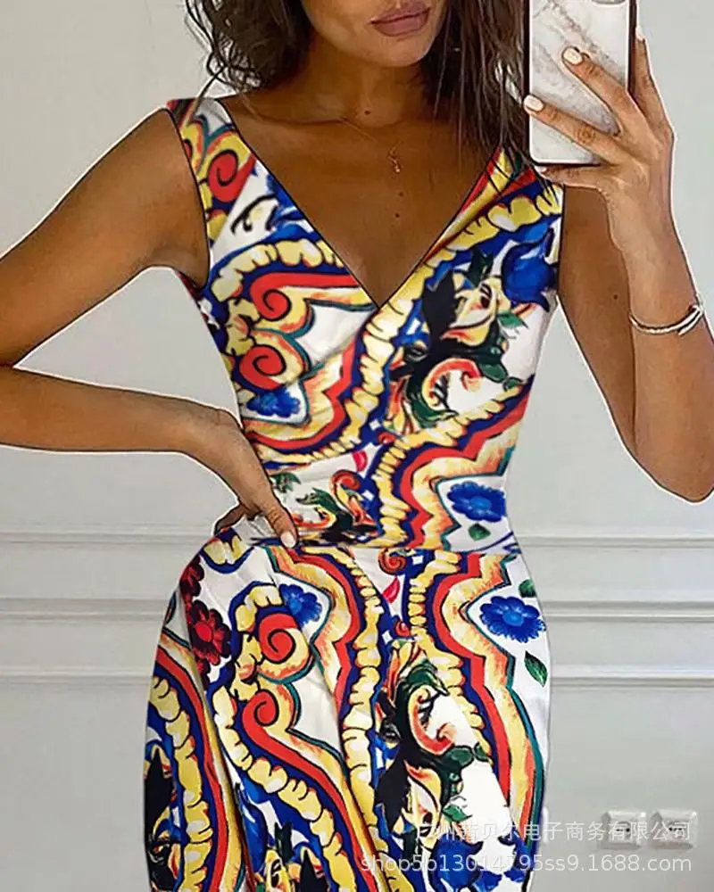 

2021 new women's color printed sleeveless waist wrinkle design split dress