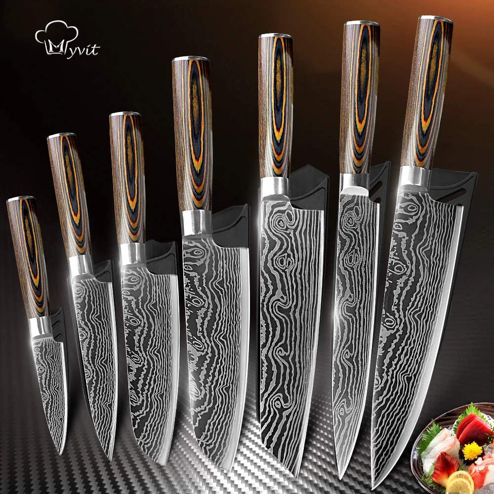 

Myvit Kitchen Knives Japanese Chef Knife Set 7CR17 440C Stainless Steel Sanding Laser Pattern Meat Cleaver Slicer Santoku Cutter