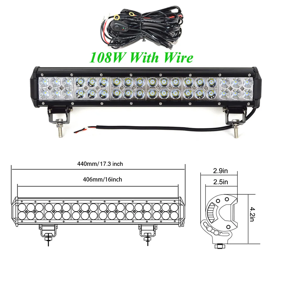 1PC 108W No Wire 1/2 шт. 18 Вт 36 Вт 72W фары для 108 Вт Светодиодный светильник бар Подсветка 12v точечное освещение комбинированный балка для грузовика трактор ATV SUV 4X4 4WD внедорожный головной светильник s - Цвет: 1PC 108W No Wire