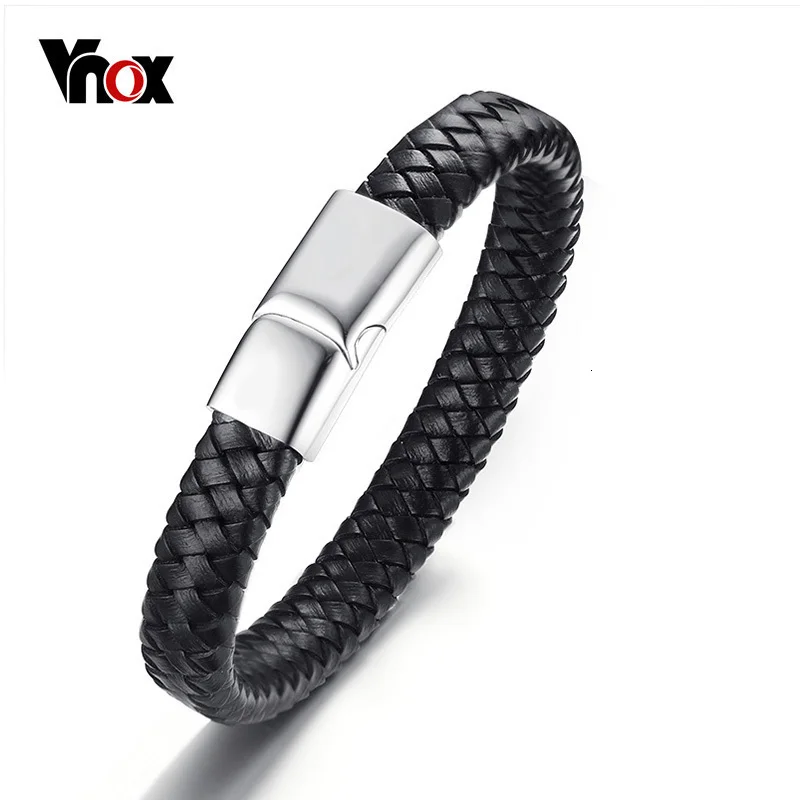 Vnox мужской черный браслет из натуральной кожи нержавеющей стали браслеты с