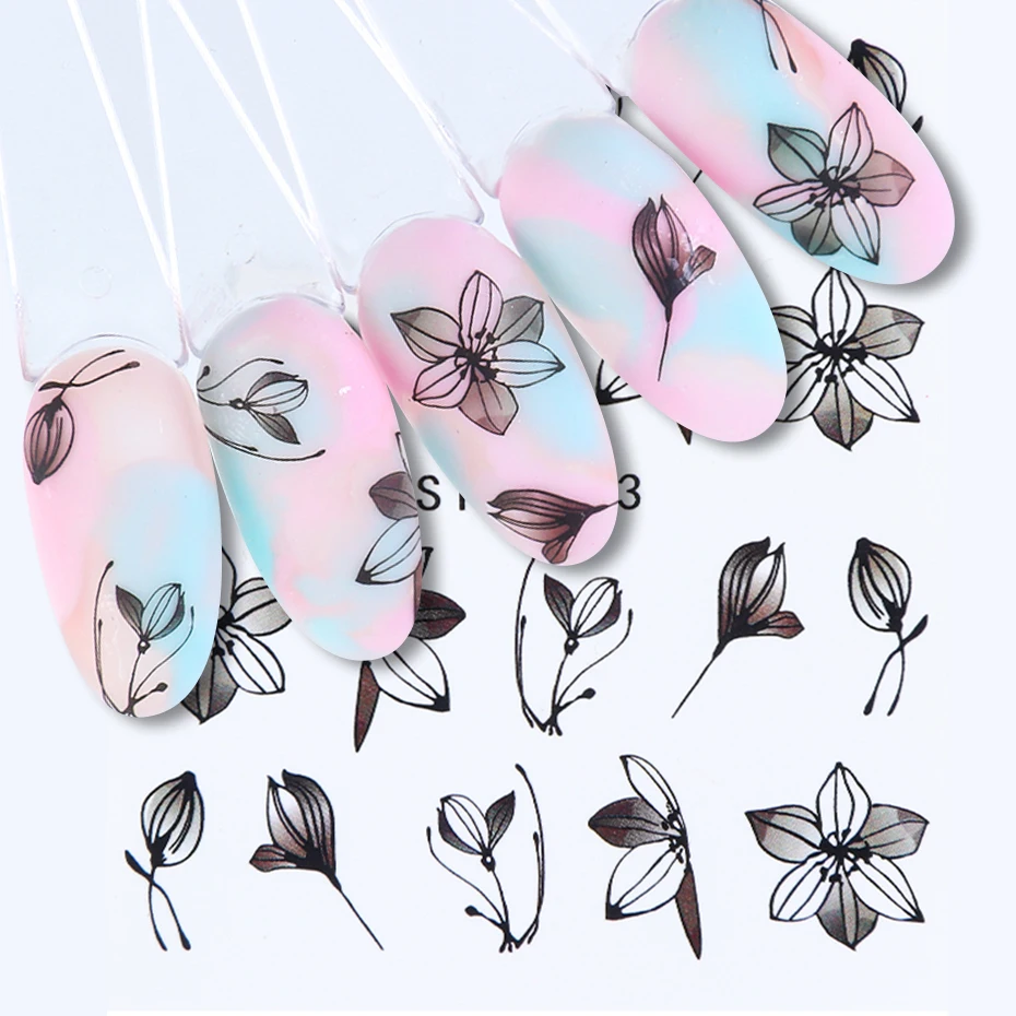 1 шт. наклейки для ногтей с черным цветком акварелью слайдером аксессуары лака