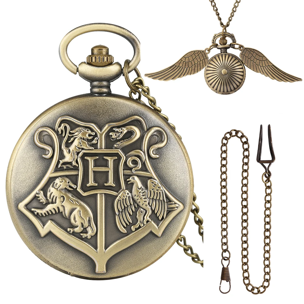 Retro Bronze Quartz Pocket Watch Pendant Necklace Clock 3pcs/Set Gifts Set for Men Women with Box
