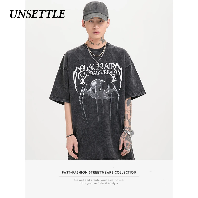UNSETTLE Harajuku футболка оверсайз мужская летняя хип хоп модная Готическая Футболка с
