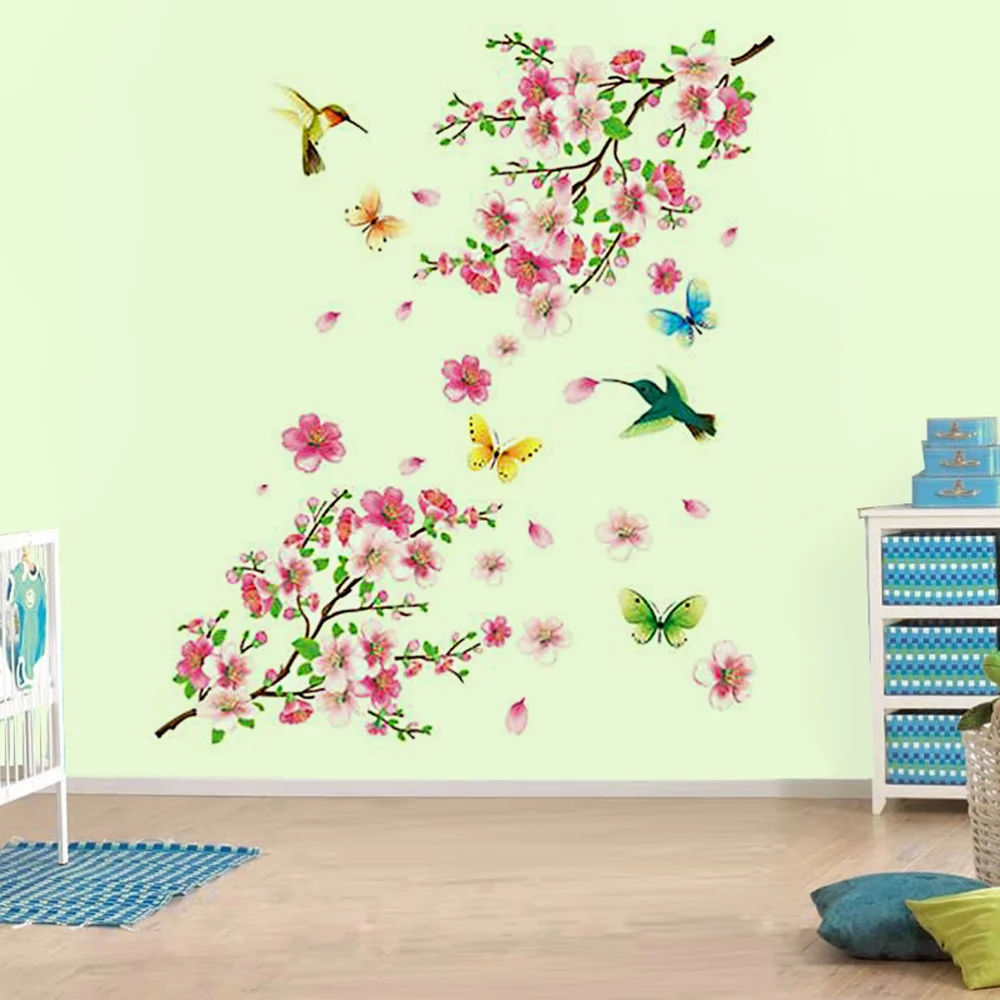 

Large Elegant Flower Wall Stickers Graceful Peach Blossom Birds Stickers Furnishings Romantic Living Room Decorations 60x90cm