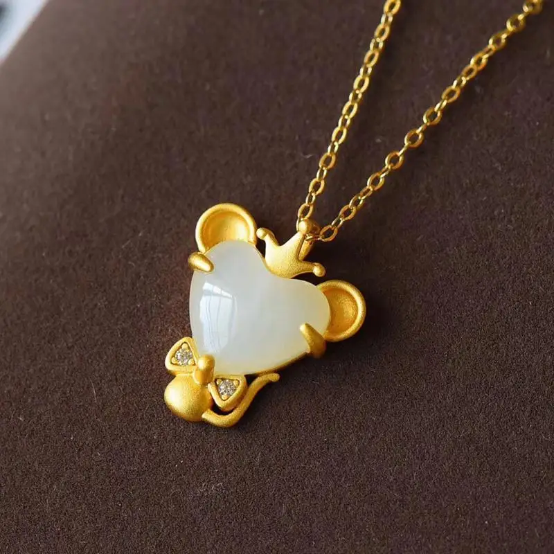

New Sterling Silver Inlaid Hetian White Jade Zodiac Rat This Animal Year Pendant Gilding Craft Fashion Simple Clavicle Chain