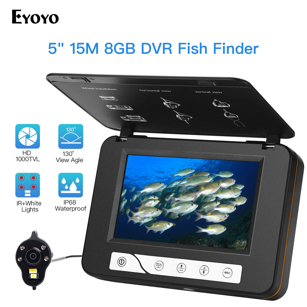 Barato Eyoyo-Cámara De Pesca Con Visión Nocturna, Buscador De Peces, Vídeo De Hielo Subacuático, IR Visión Nocturna, Cámara De Monitor HD De 5 Pulgadas, 1000TVL