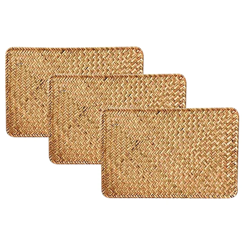 

Pack of 3, Natural Seagrass Place Mat, 17.7inch x 12inch, Hand-Woven Rectangular Rattan Placemats