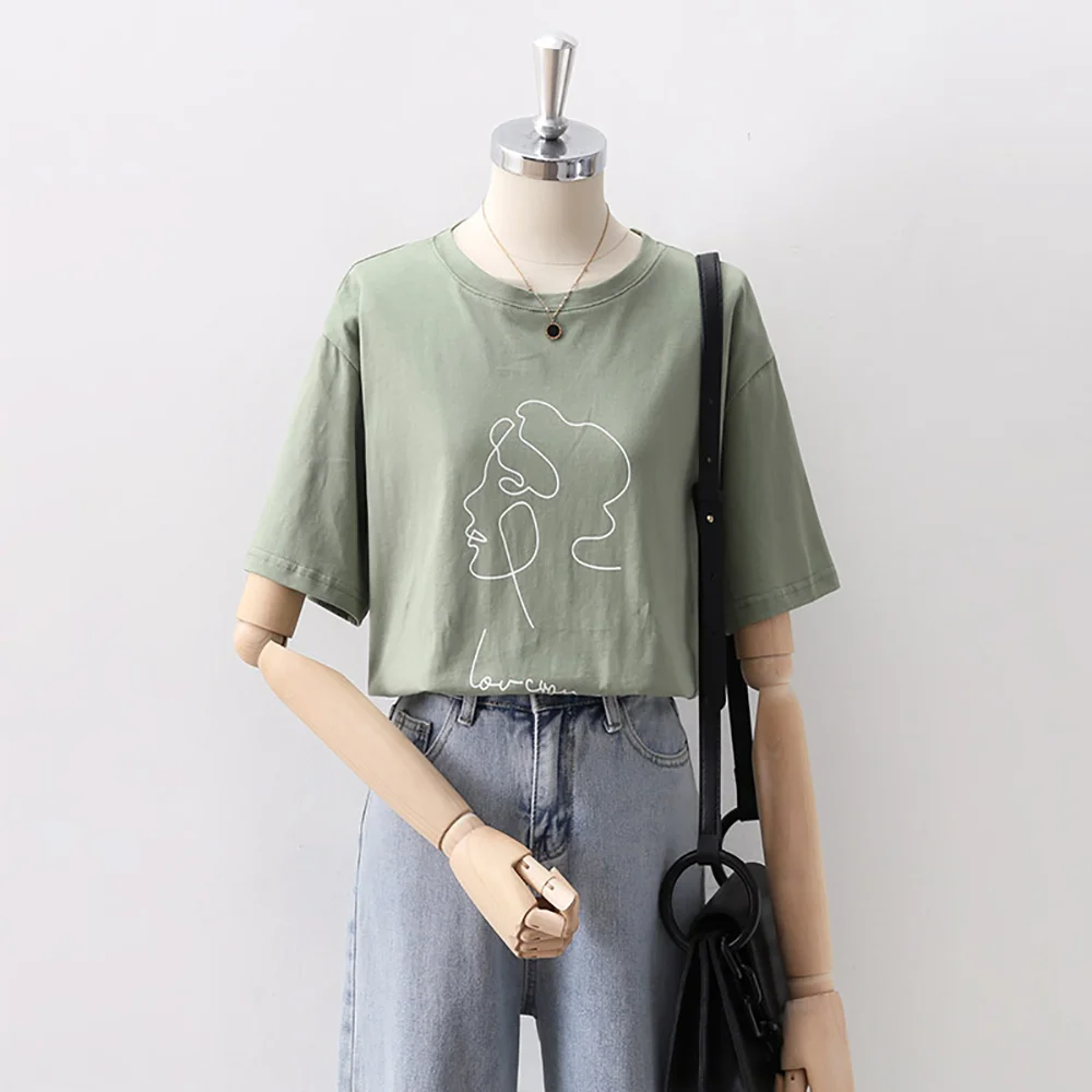 

Fashion Casual Hand Painted Print White Green Cotton T Shirt Woman Loose Baggy Short Sleeve O-Neck Tops Summer Clothes For Women