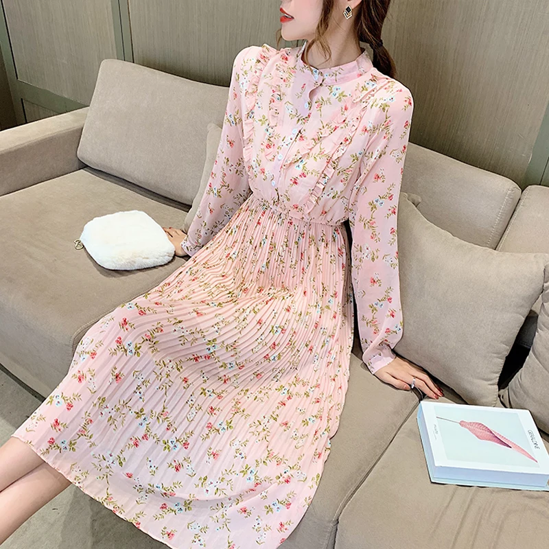 

Uulutonica Autumn Women Elegant Fashion A-line Print Folds Mid-calf Empire Stand Collar Dress