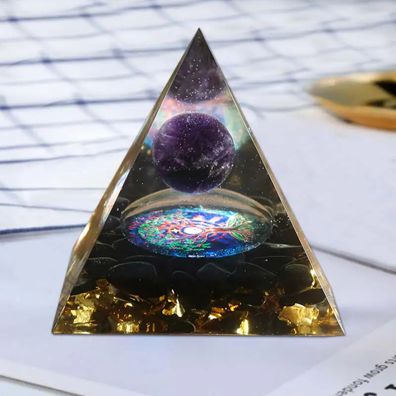 

Orgonite Pyramid 60mm Amethyst Crystal Sphere With Obsidian Natural Cristal Stone Orgone Energy Healing Reiki Chakra Multiplier