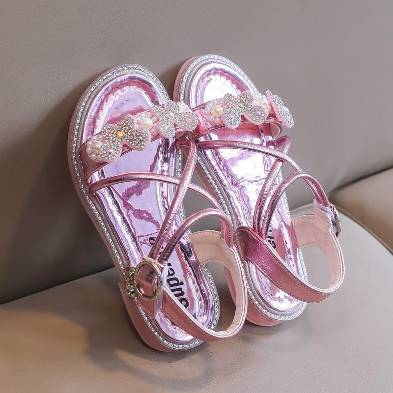 

Girl Dress Summer Shoes Leather Sandals Elegant Beach Shoes Child Fashion Rhinestone Butterflies Princess Sport Sandals For Kids