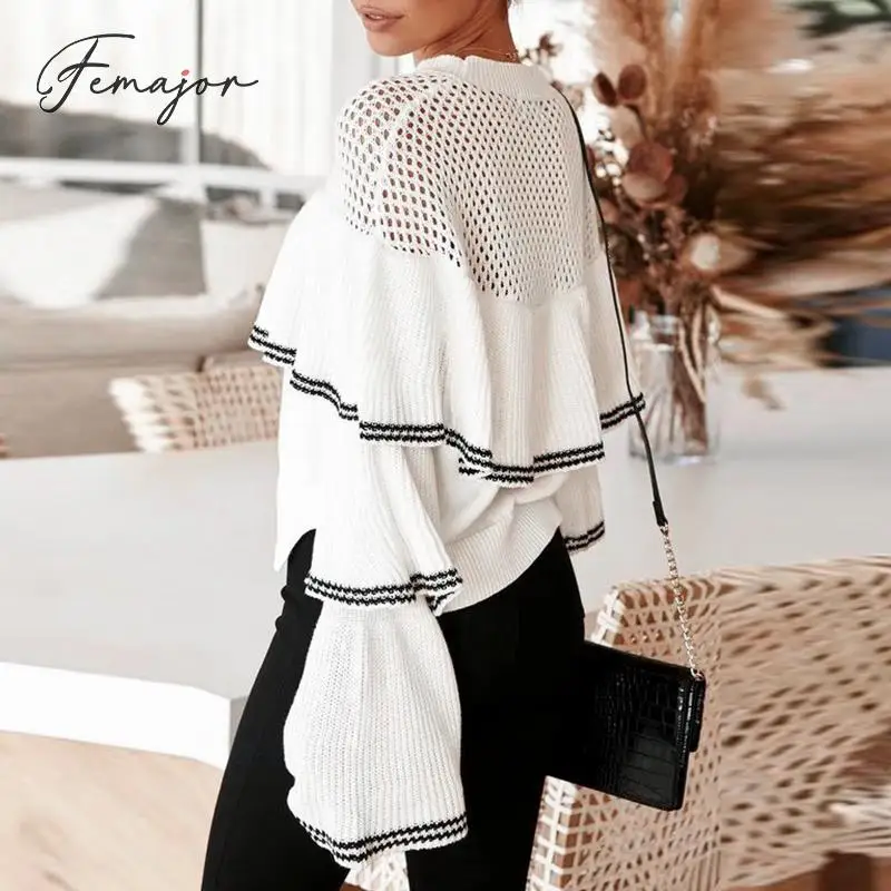 Femajor Women Fashion Hollow out Ruffle Knit Tops Female 2019 Autumn Winter Long Sleeves Jumper Sweater White Lady Pullover | Женская
