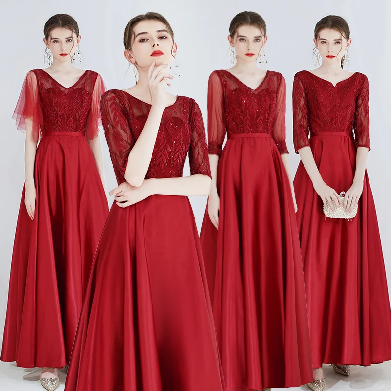 

Bridesmaids Dresses Illusion Sequined Floor-Length Luxury Embroidery V-Neck A-Line Tulle Burgundy Women Wedding Party Gown E161