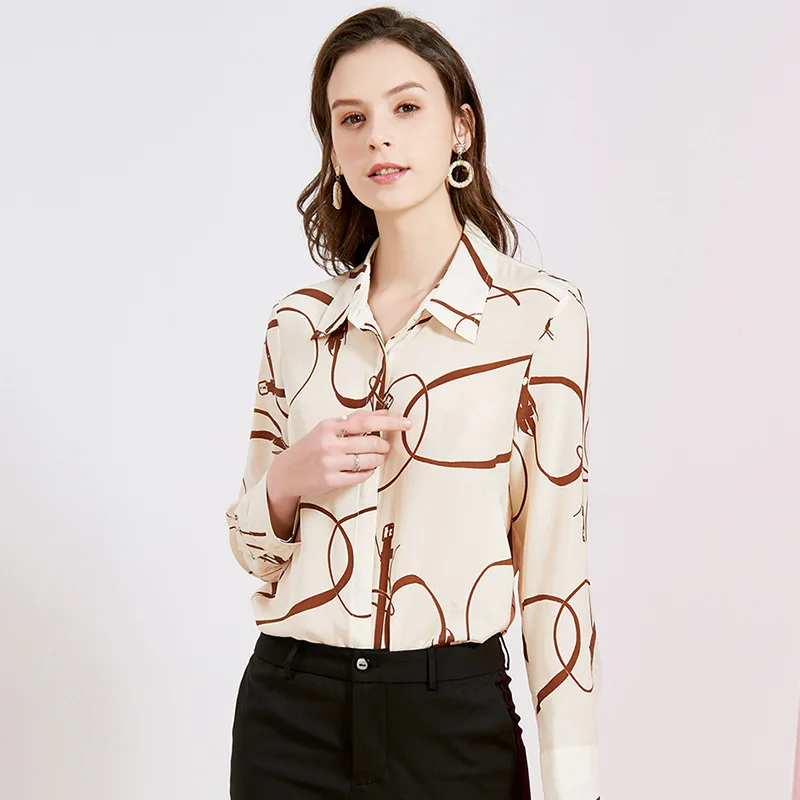 

Женская офисная блузка с отложным воротником, офисная блузка из 2021 натурального шелка крепа с принтом, 100%