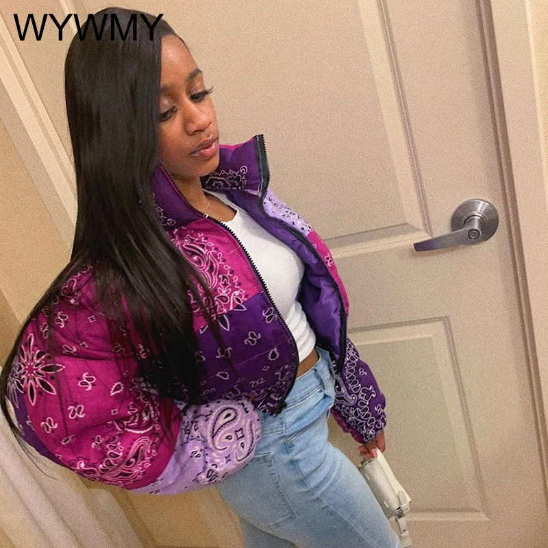 WYWMY Casual Print Puffer Bandana Jacket Winter Coat Women Thick Warm Fashion Clothing Streetwear Crop Parka Puffer Bubble Coats