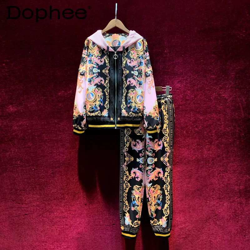 

High-End Tracksuit Vintage Printed Fashion Hooded Sweatshirt Casual Sport Pants Suit Two-Piece Set Autumn New Women's Clothing