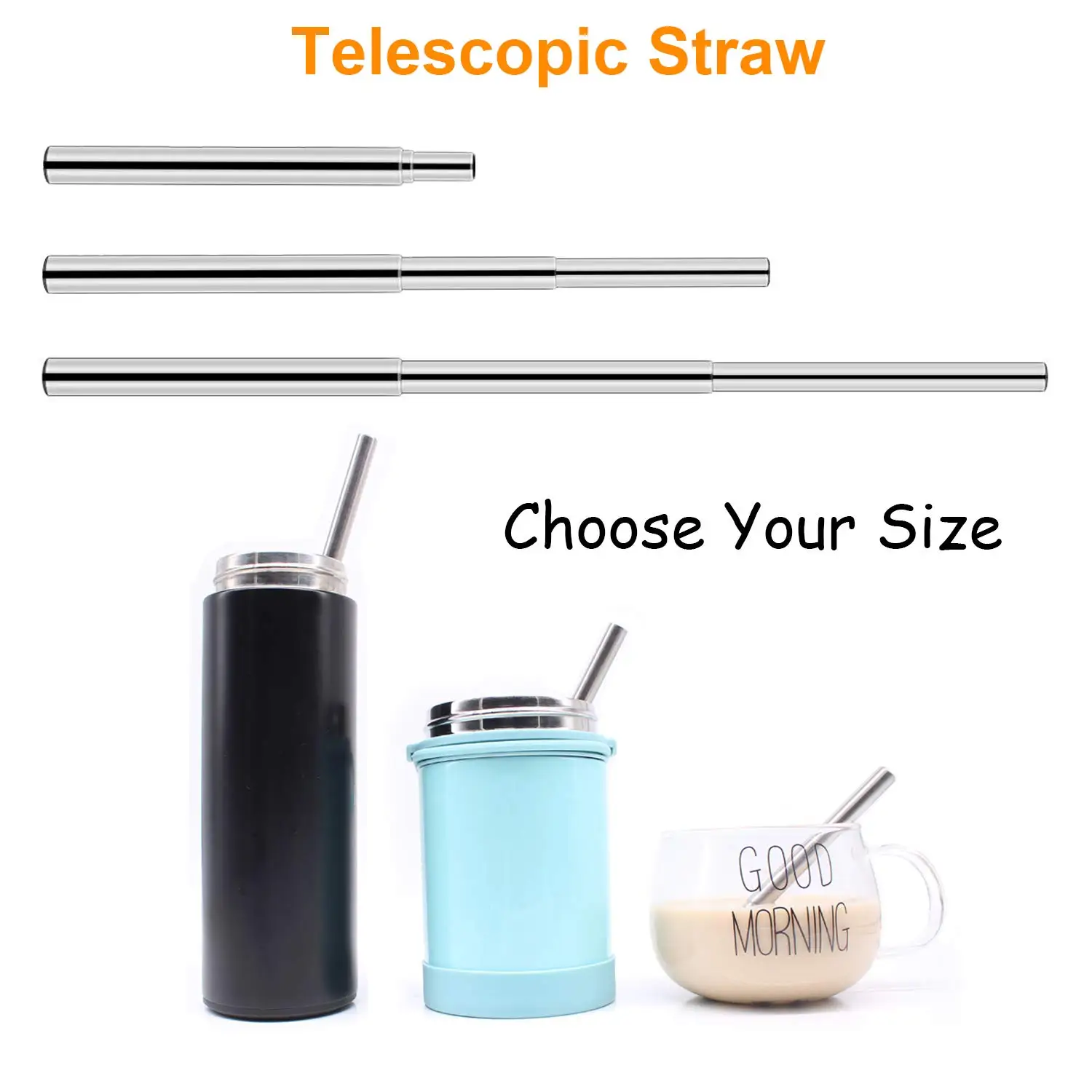 

Reusable Stainless Steel Straws with Aluminum Keychain Case Cleaning Brush Collapsible Telescopic Portable Drinking Straws