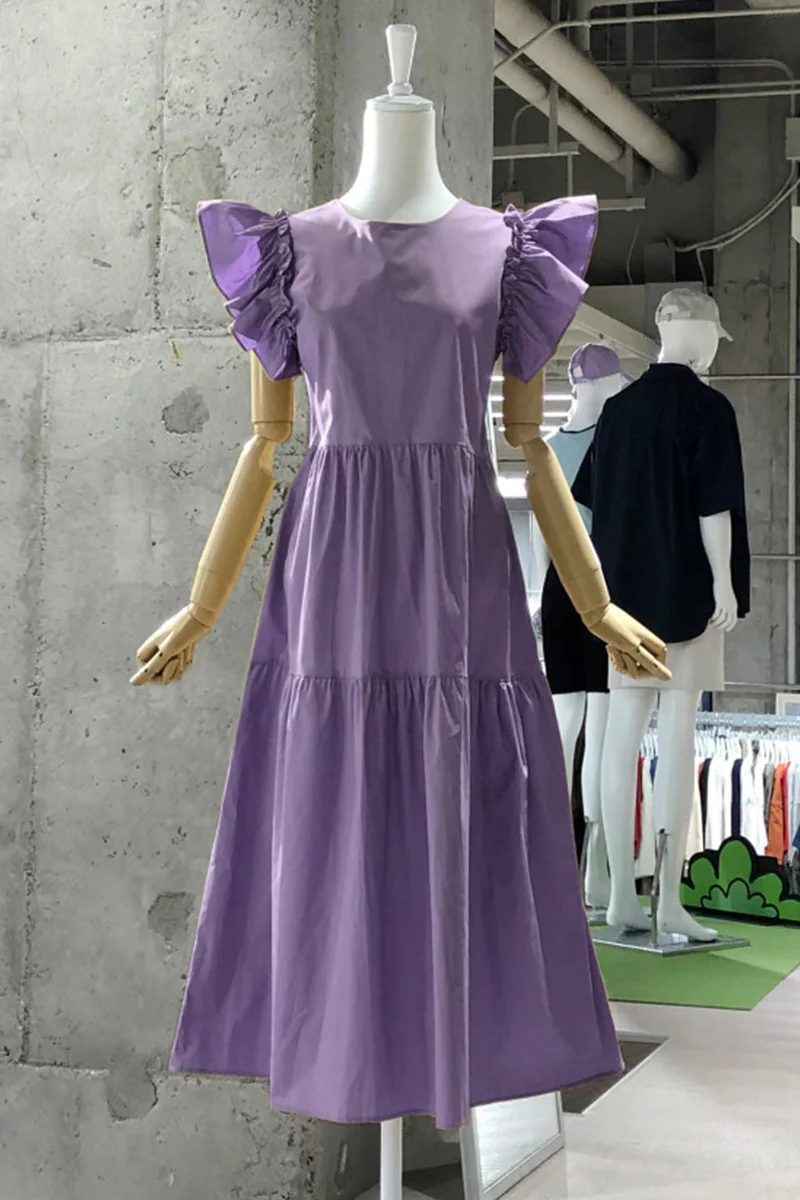 

Purple Flying Sleeves Dress Women's Summer 2021 Korean Style Sweet Elegance Long Dress Female Retro High Waist Midi Dress
