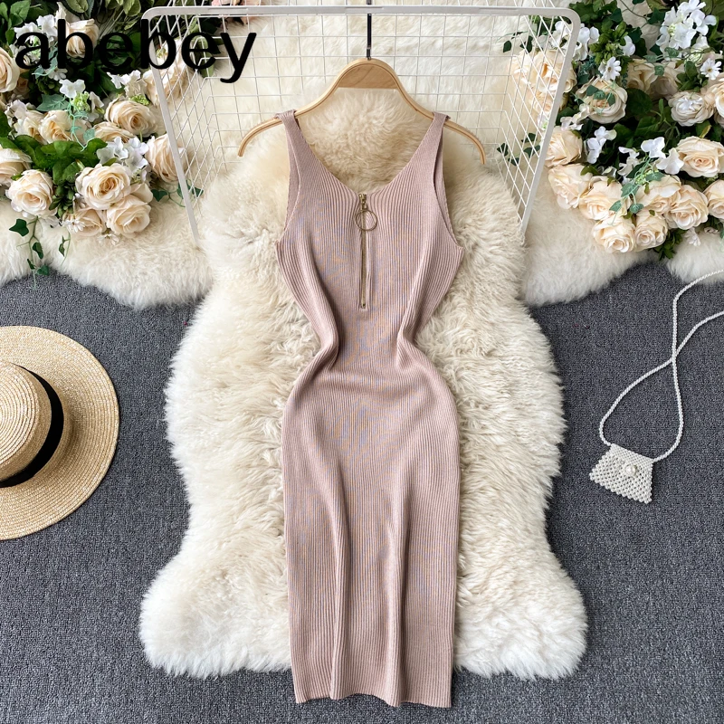 

Women Knitted Strap Dress Design Zipper V Neck Sleeveless Slim Pencil Dress Summer Korean Sexy Off Shoulder Short Dress
